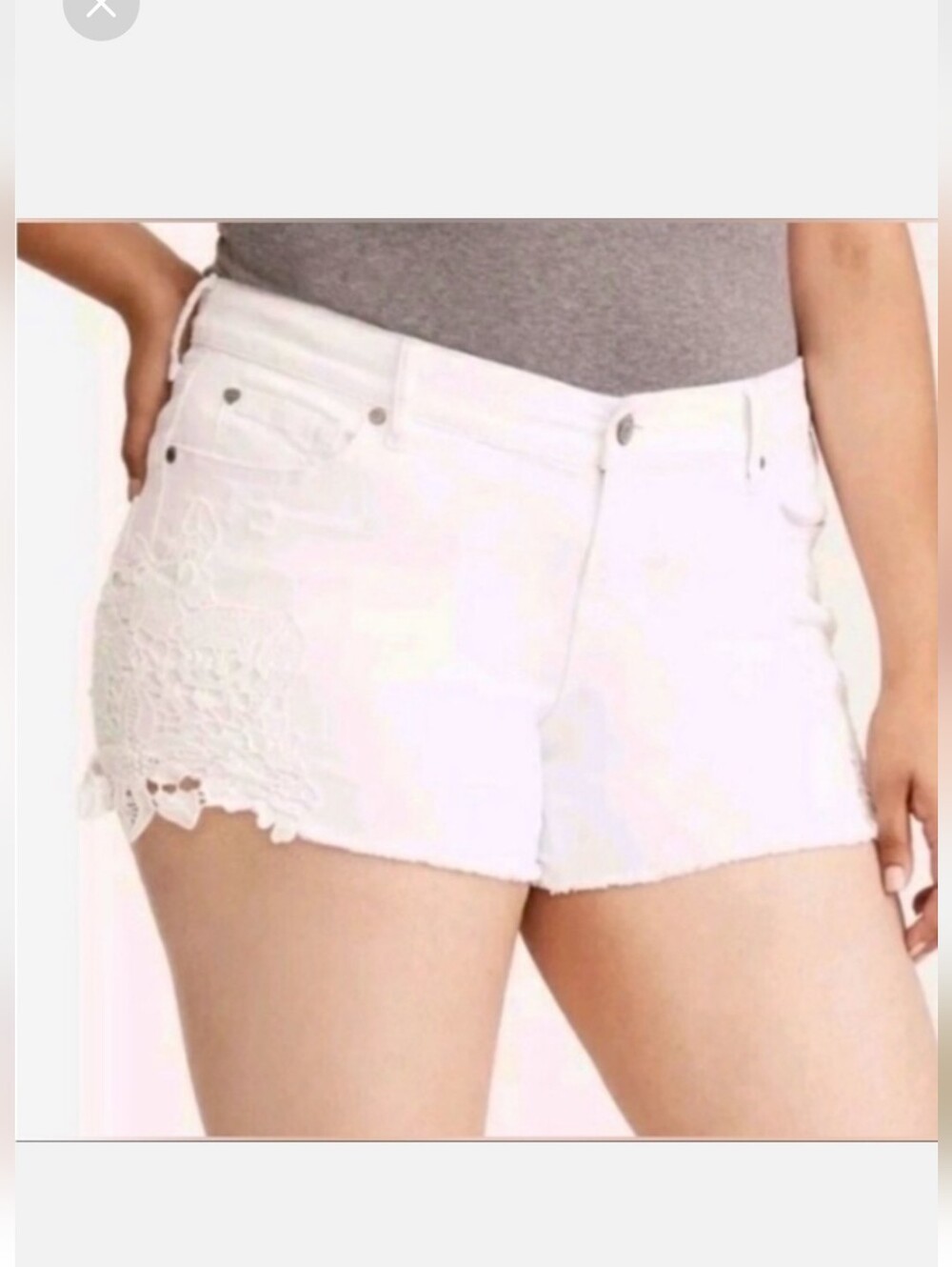 EXELLENT TORRID womens White Denim Jeans Shorts Raw-Hem Stretch  Zip-Fly SZ 16.